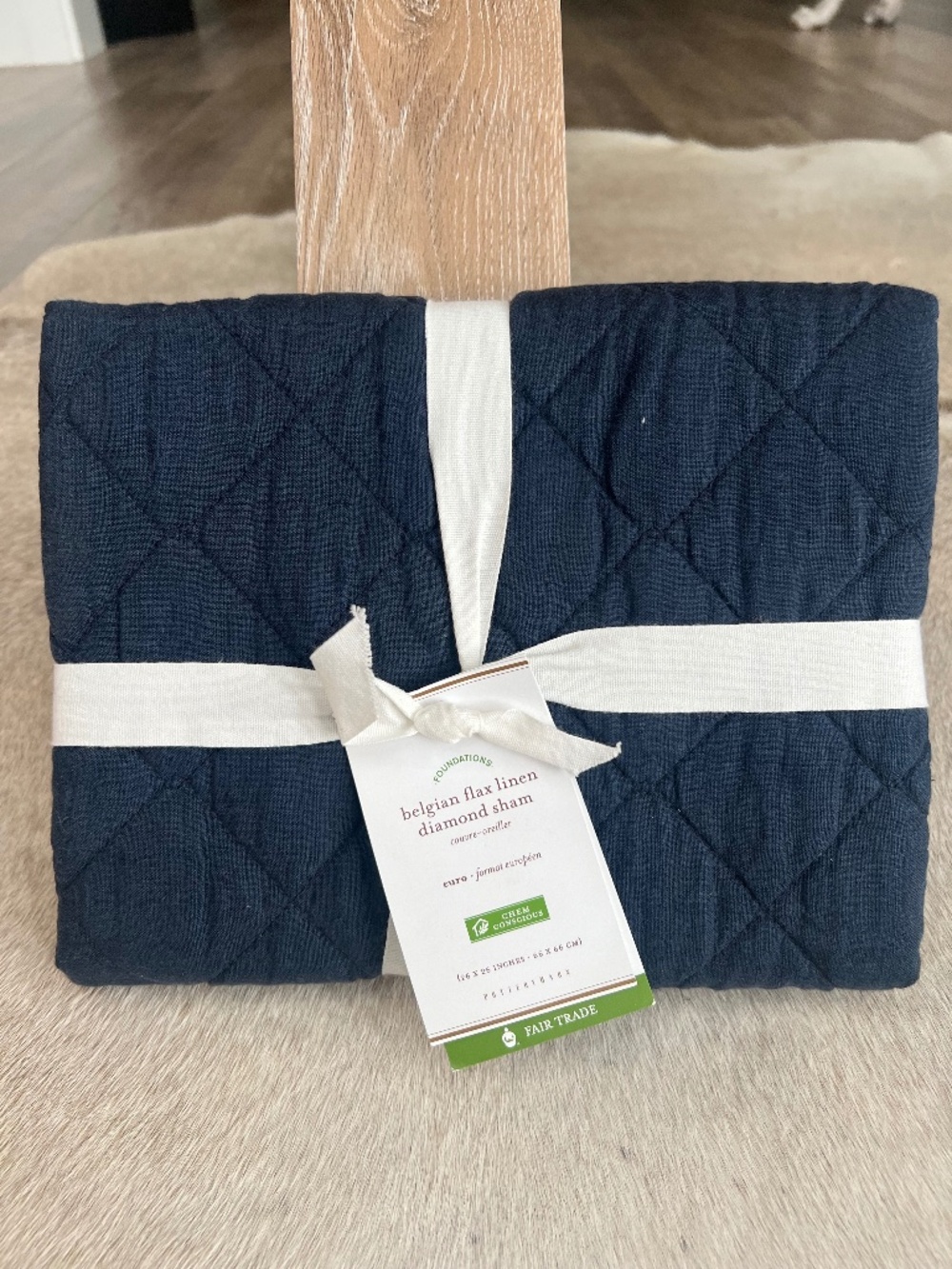 NWT Pottery Barn Belgian Flax Linen Diamond Euro Sham 26x26 Navy